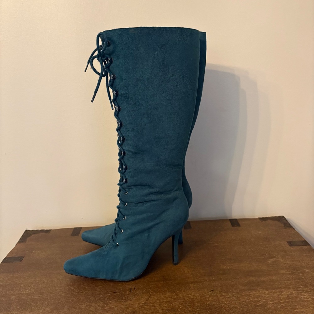 Teal Blue Faux Suede Lace Up Penny Lane Knee High Boots Womens 8 M Whimsigoth